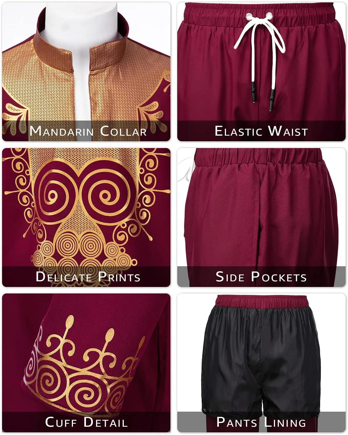 YND Mens 2 Piece Set African Dashiki Shirt and Pants, Outfit with Gold Print