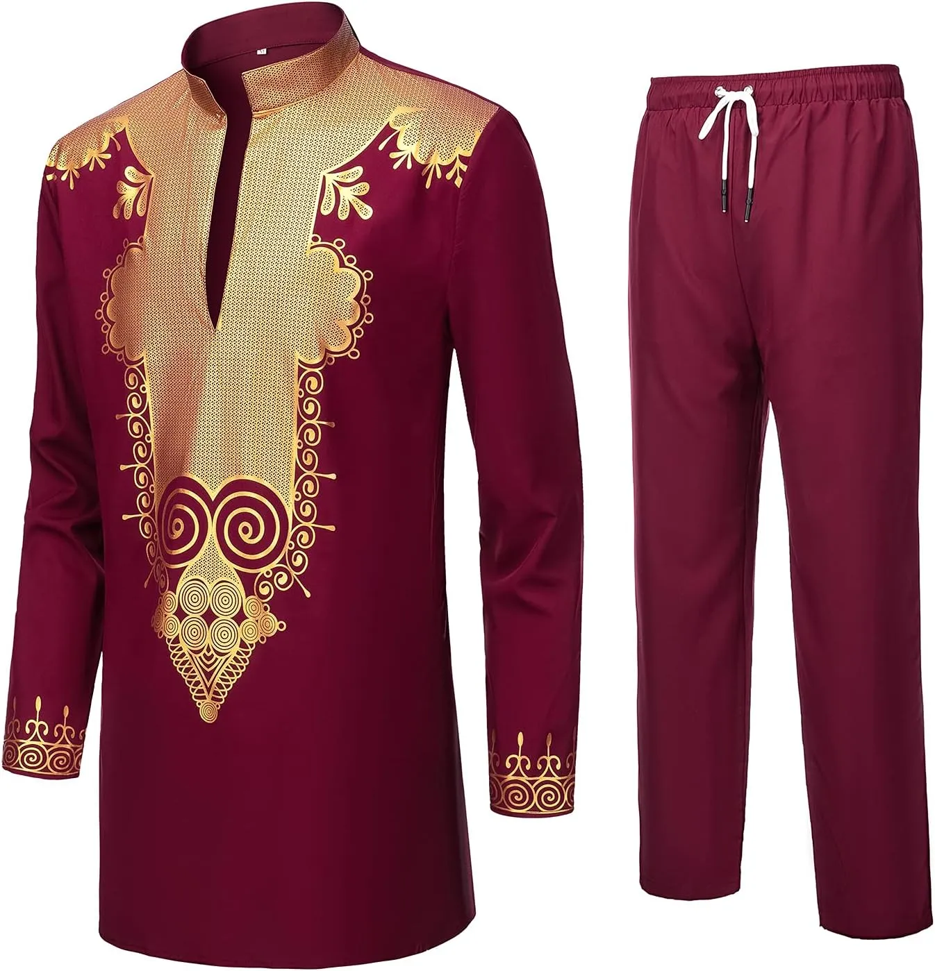 YND Mens 2 Piece Set African Dashiki Shirt and Pants, Outfit with Gold Print