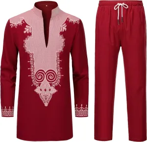 YND Mens 2 Piece Set African Dashiki Shirt and Pants, Outfit with Gold Print