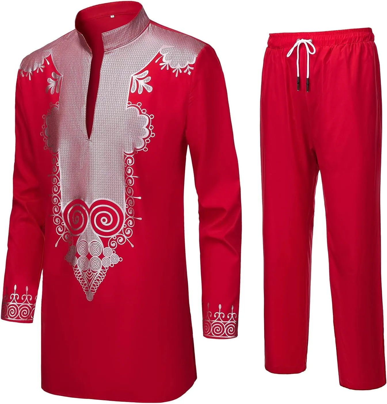 YND Mens 2 Piece Set African Dashiki Shirt and Pants, Outfit with Gold Print