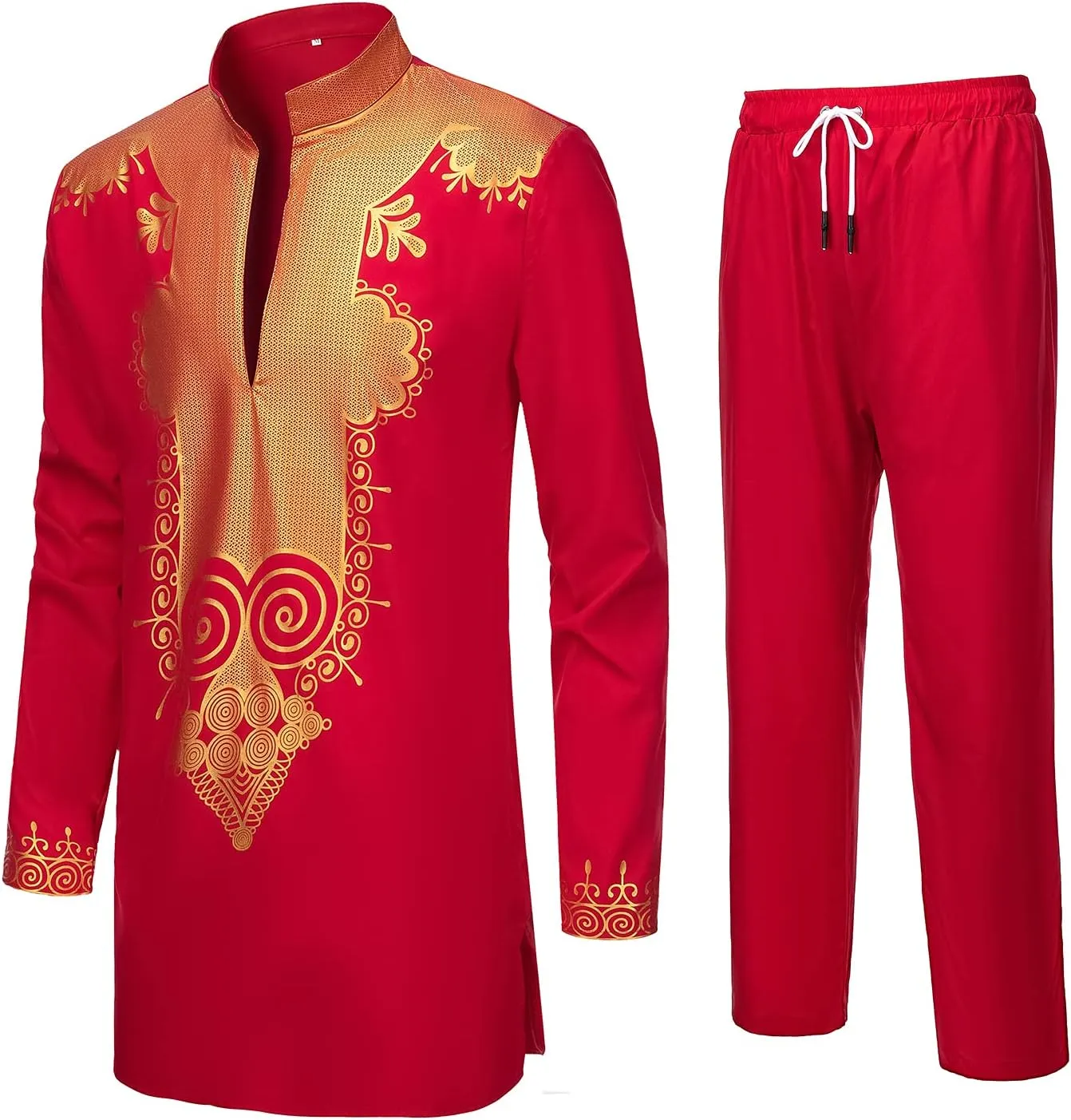 YND Mens 2 Piece Set African Dashiki Shirt and Pants, Outfit with Gold Print