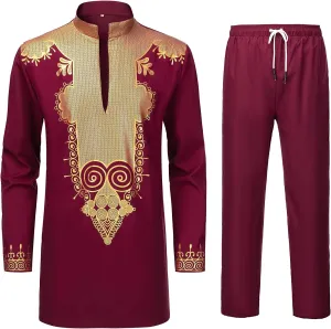 YND Mens 2 Piece Set African Dashiki Shirt and Pants, Outfit with Gold Print