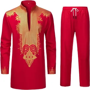 YND Mens 2 Piece Set African Dashiki Shirt and Pants, Outfit with Gold Print