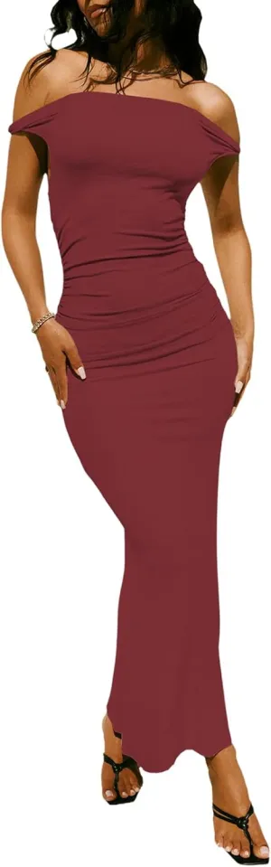 YouSexy Women's Summer Off Shoulder Long Dress Casual Sleeveless Ribbed Bodycon Maxi Dresses