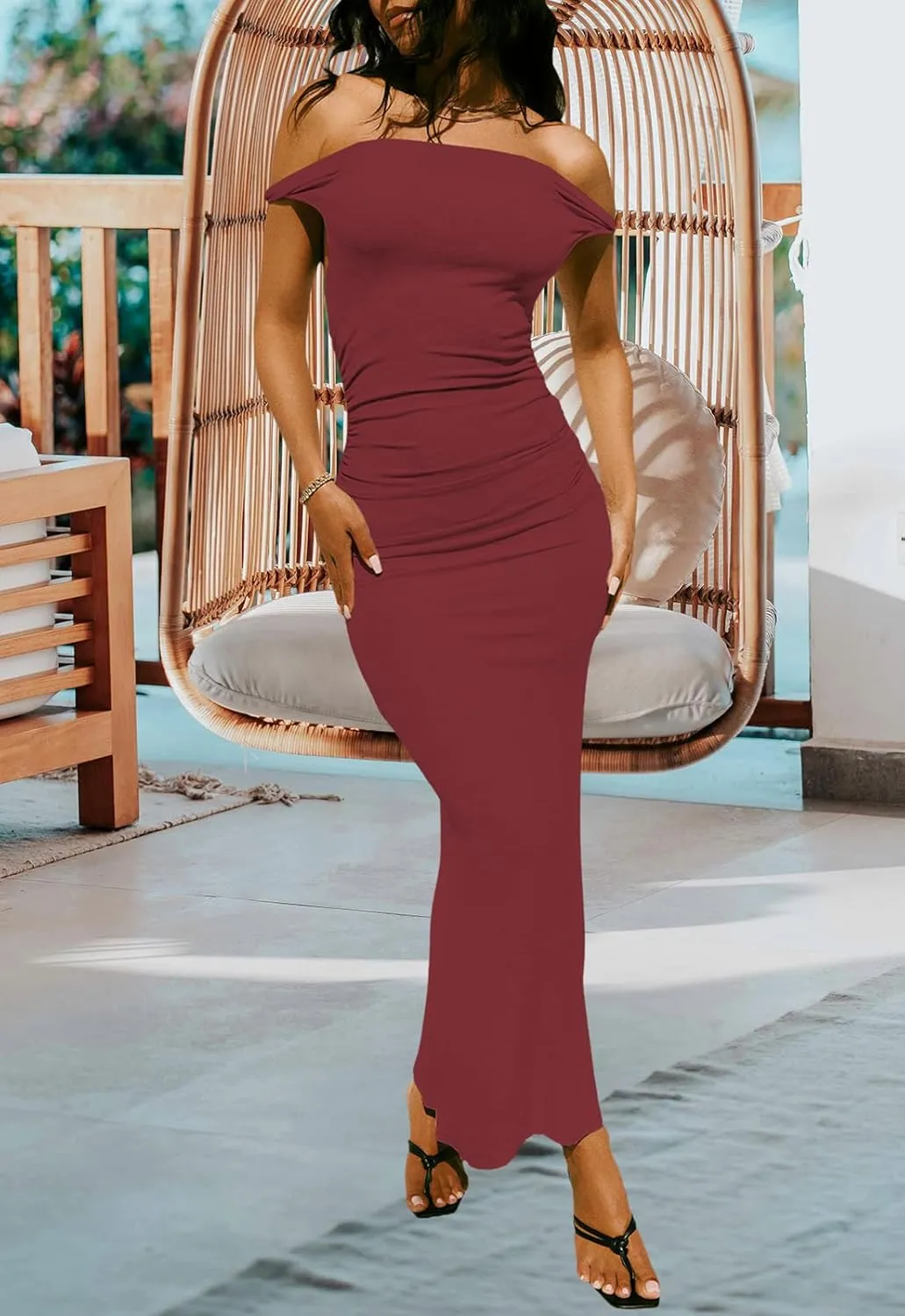 YouSexy Women's Summer Off Shoulder Long Dress Casual Sleeveless Ribbed Bodycon Maxi Dresses