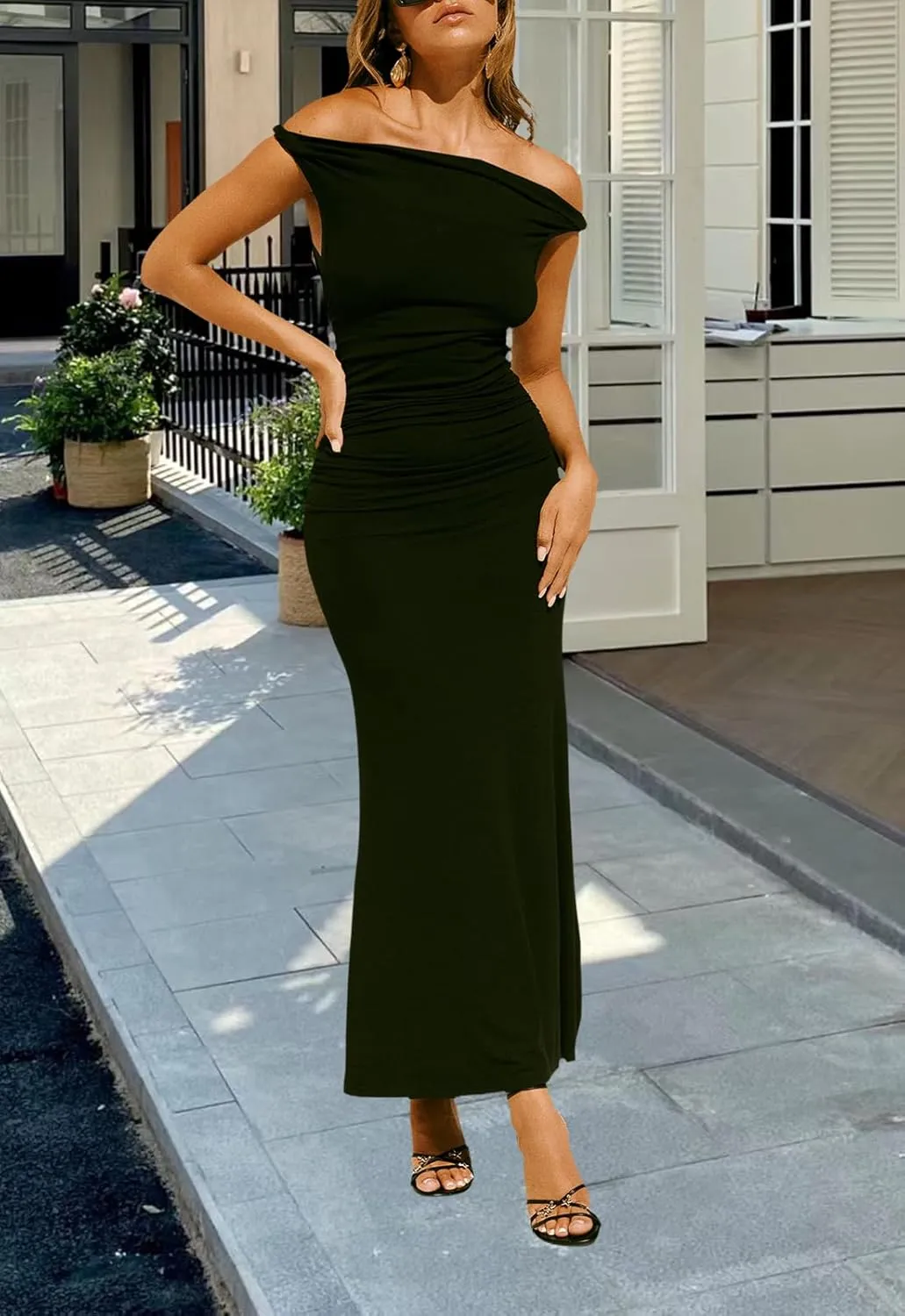 YouSexy Women's Summer Off Shoulder Long Dress Casual Sleeveless Ribbed Bodycon Maxi Dresses