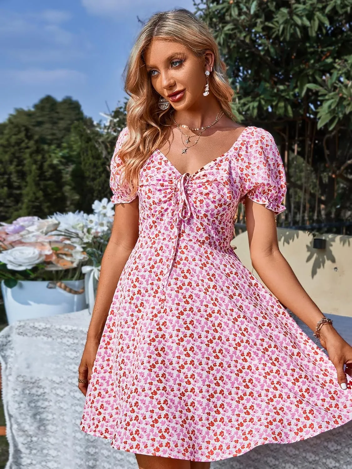 YOXUA Women's Deep V-Neck Summer Mini Dress, Ruffle Short Puff Sleeve Tie Front Floral Printed Beach Swing Dresses