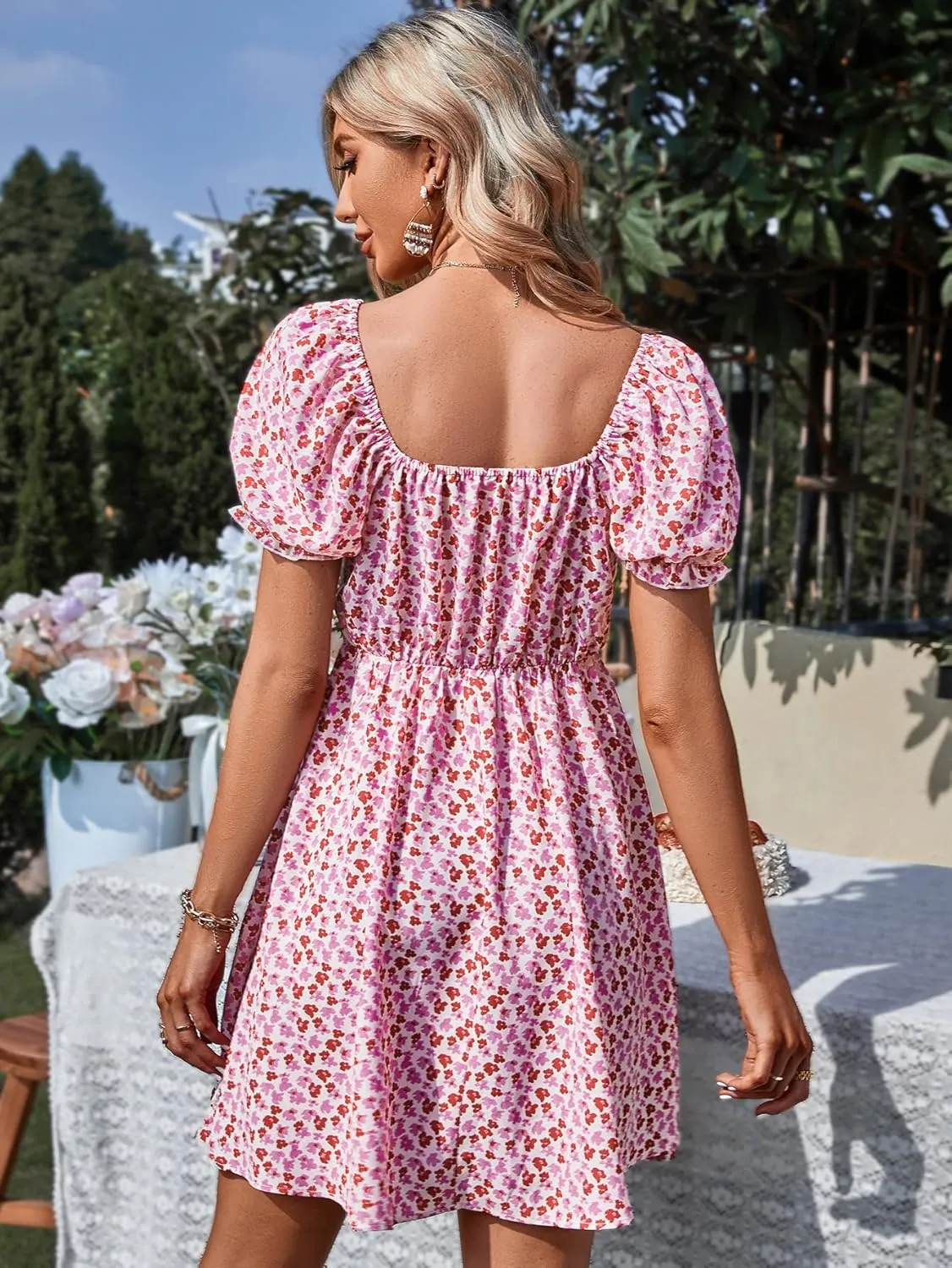 YOXUA Women's Deep V-Neck Summer Mini Dress, Ruffle Short Puff Sleeve Tie Front Floral Printed Beach Swing Dresses