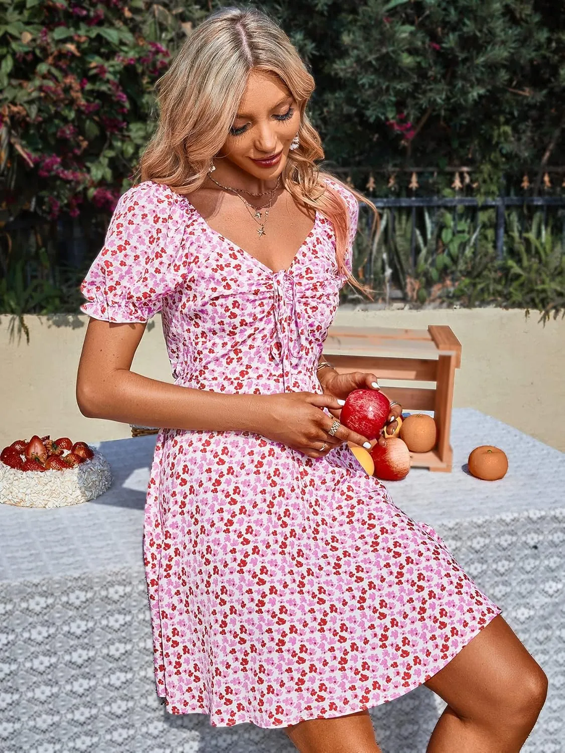 YOXUA Women's Deep V-Neck Summer Mini Dress, Ruffle Short Puff Sleeve Tie Front Floral Printed Beach Swing Dresses