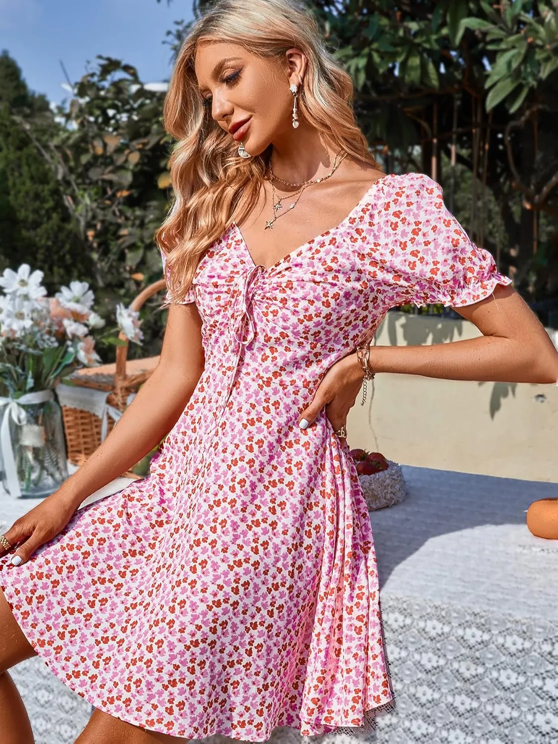 YOXUA Women's Deep V-Neck Summer Mini Dress, Ruffle Short Puff Sleeve Tie Front Floral Printed Beach Swing Dresses
