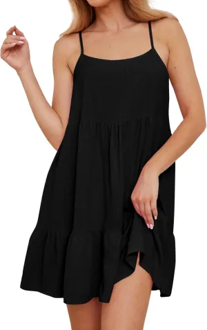 Ythomm Women Scoop Neck Ruffle Mini Dress Sleeveless Spaghetti Strap Backless Babydoll Short Dresses Summer Flowy Beach Dress