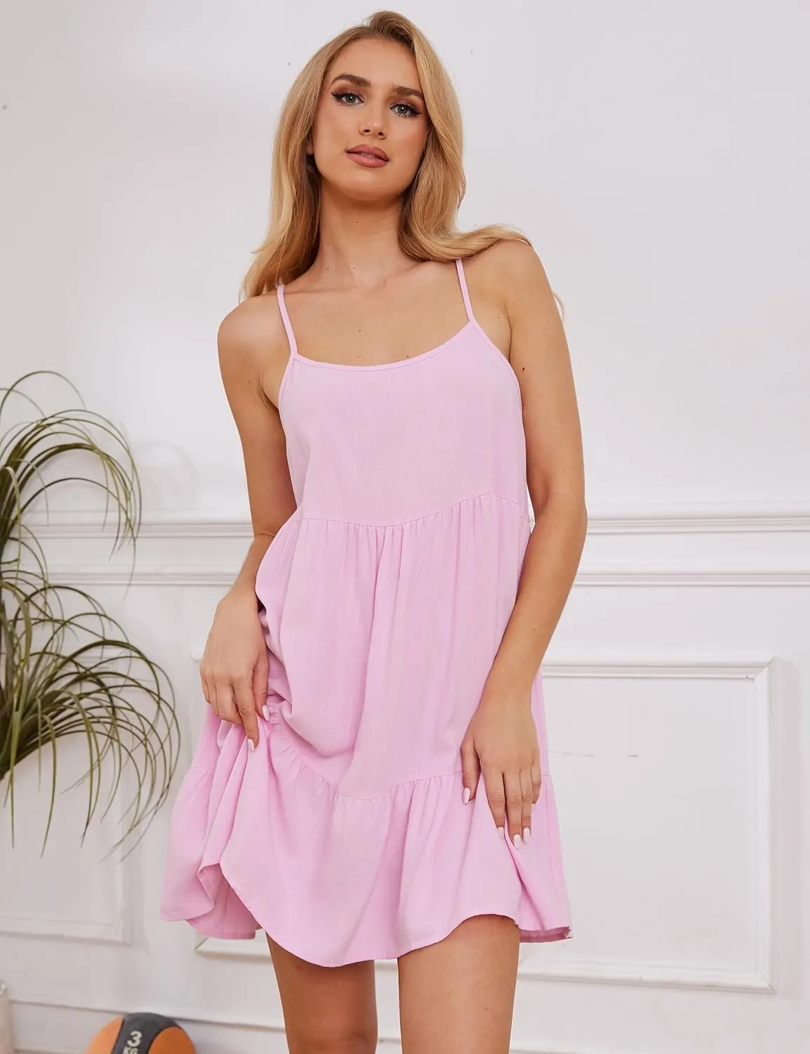 Ythomm Women Scoop Neck Ruffle Mini Dress Sleeveless Spaghetti Strap Backless Babydoll Short Dresses Summer Flowy Beach Dress