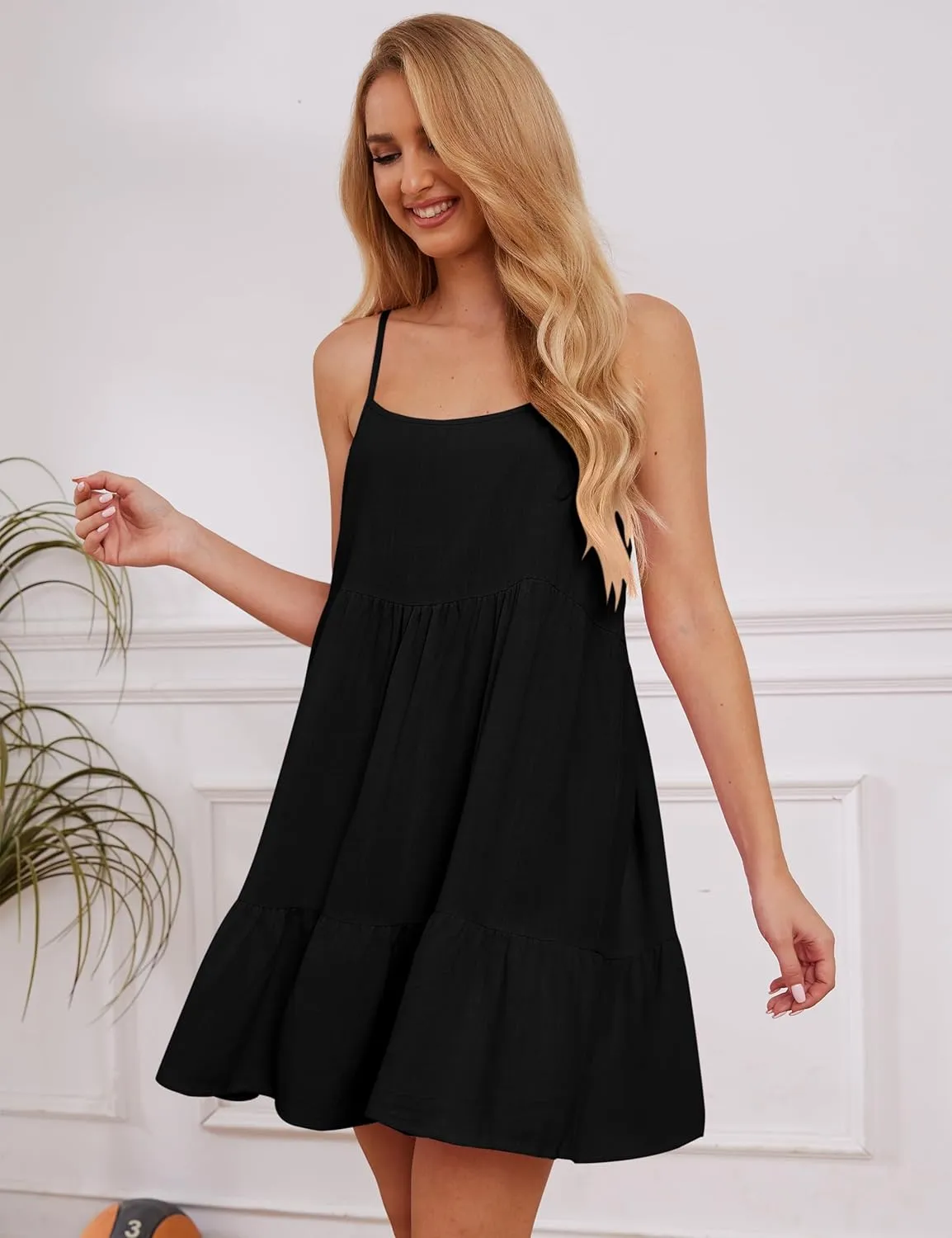 Ythomm Women Scoop Neck Ruffle Mini Dress Sleeveless Spaghetti Strap Backless Babydoll Short Dresses Summer Flowy Beach Dress