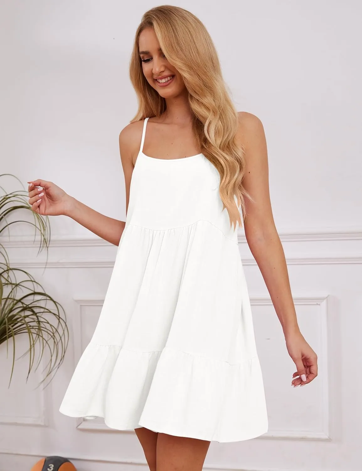 Ythomm Women Scoop Neck Ruffle Mini Dress Sleeveless Spaghetti Strap Backless Babydoll Short Dresses Summer Flowy Beach Dress