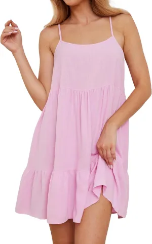 Ythomm Women Scoop Neck Ruffle Mini Dress Sleeveless Spaghetti Strap Backless Babydoll Short Dresses Summer Flowy Beach Dress