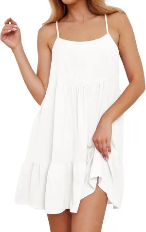 Ythomm Women Scoop Neck Ruffle Mini Dress Sleeveless Spaghetti Strap Backless Babydoll Short Dresses Summer Flowy Beach Dress
