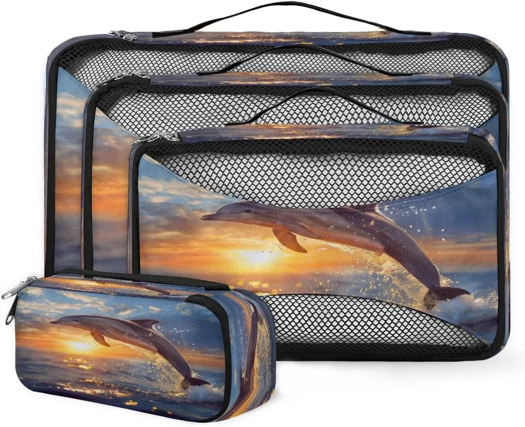 Yzrwebo 3d Dolphin 4Pcs Set Packing Cubes for Travel, Dolphin Lightweight Luggage Organizer Bags Set Travel Packing Cubes for Carry on Suitcase Travel Essentials Accessories