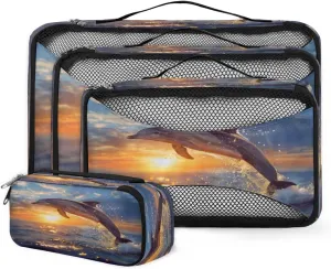 Yzrwebo 3d Dolphin 4Pcs Set Packing Cubes for Travel, Dolphin Lightweight Luggage Organizer Bags Set Travel Packing Cubes for Carry on Suitcase Travel Essentials Accessories