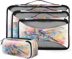 Yzrwebo Watercolour Dragonfly 4Pcs Set Packing Cubes for Travel, Flower Lightweight Luggage Organizer Bags Set Travel Packing Cubes for Carry on Suitcase Travel Essentials Accessories
