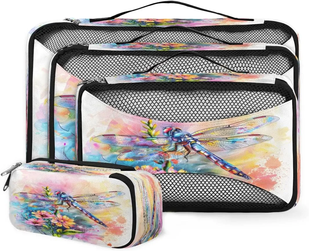 Yzrwebo Watercolour Dragonfly 4Pcs Set Packing Cubes for Travel, Flower Lightweight Luggage Organizer Bags Set Travel Packing Cubes for Carry on Suitcase Travel Essentials Accessories