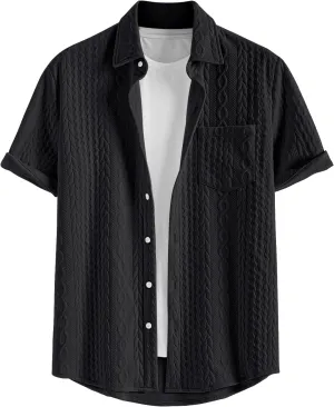 ZAFUL Mens Short Sleeve Button Down Shirts Cuba Collar Cable Jacquard Textured V Neck Solid Cotton Summer Shirt
