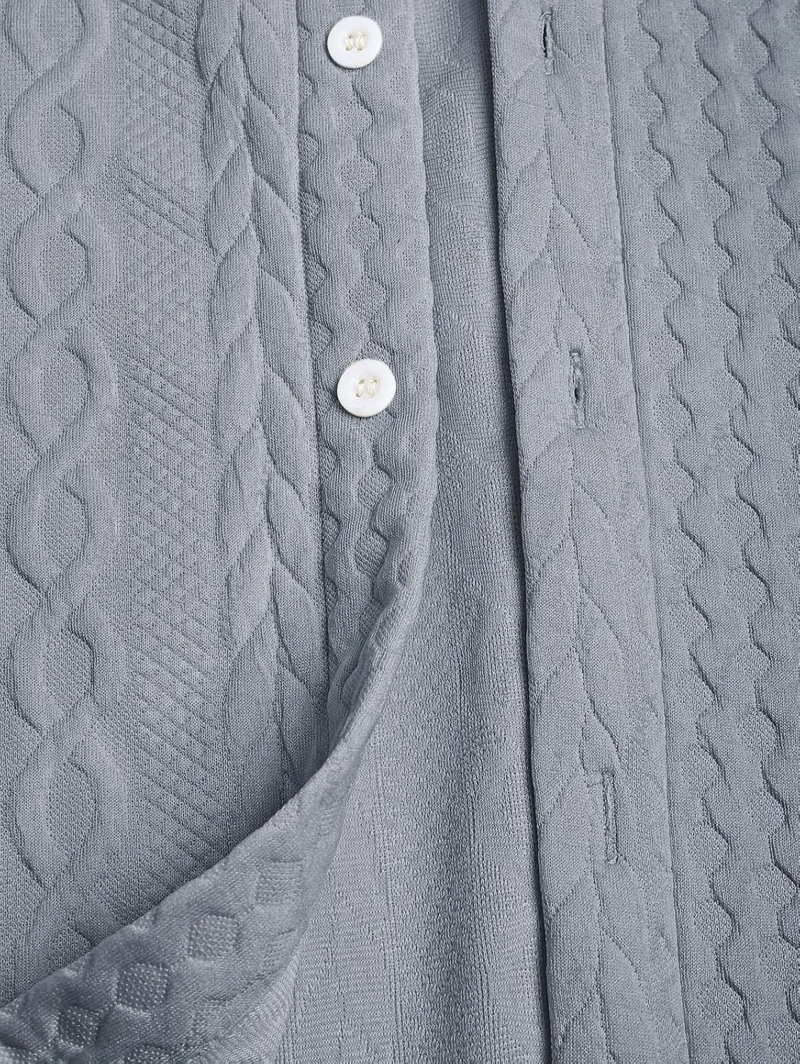 ZAFUL Mens Short Sleeve Button Down Shirts Cuba Collar Cable Jacquard Textured V Neck Solid Cotton Summer Shirt