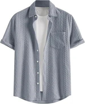 ZAFUL Mens Short Sleeve Button Down Shirts Cuba Collar Cable Jacquard Textured V Neck Solid Cotton Summer Shirt