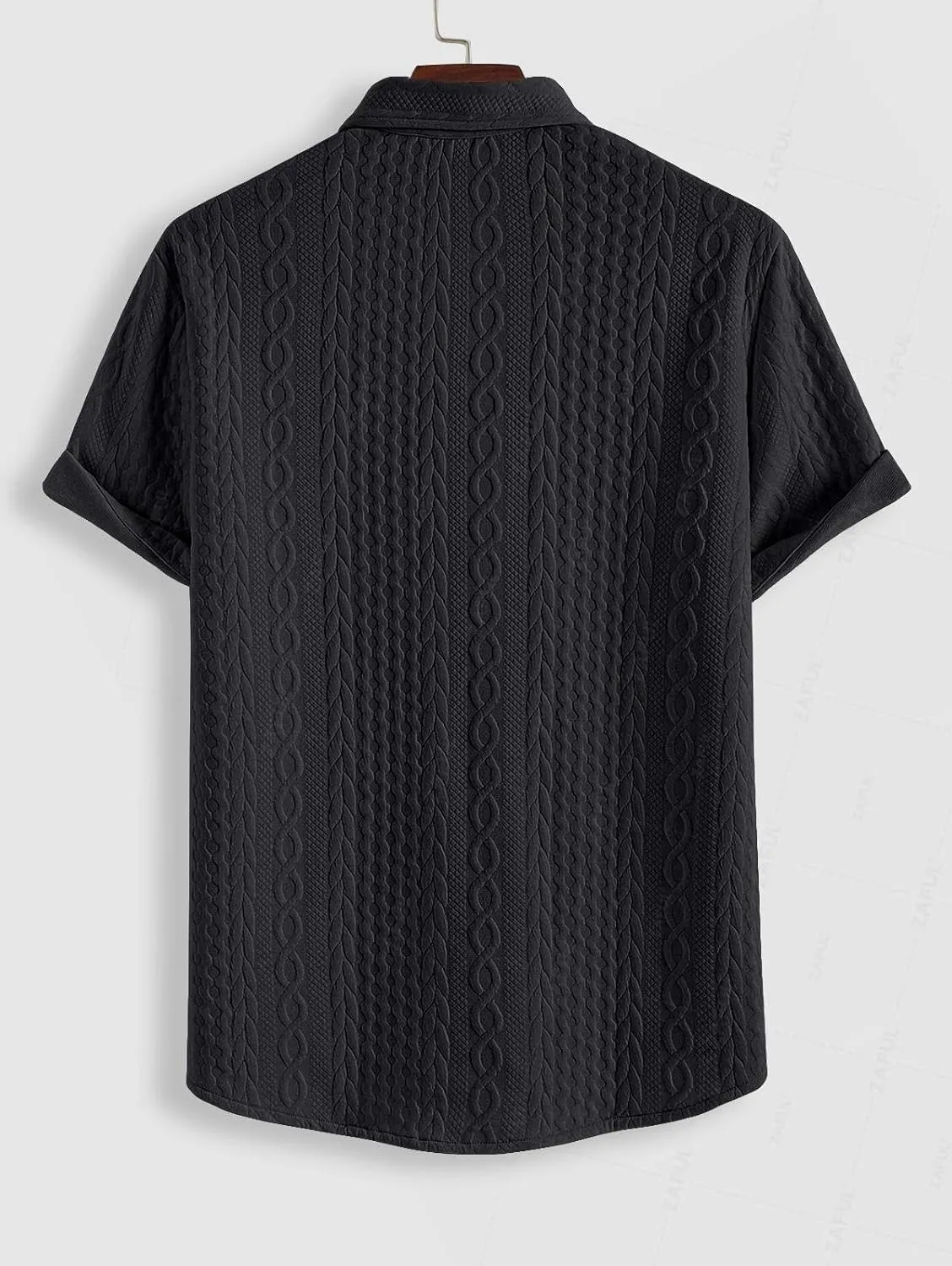 ZAFUL Mens Short Sleeve Button Down Shirts Cuba Collar Cable Jacquard Textured V Neck Solid Cotton Summer Shirt
