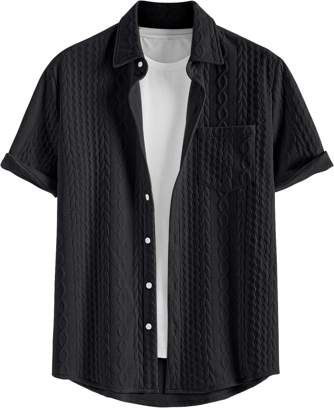 ZAFUL Mens Short Sleeve Button Down Shirts Cuba Collar Cable Jacquard Textured V Neck Solid Cotton Summer Shirt