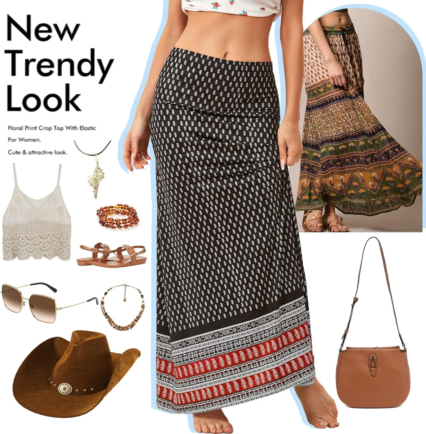 Zando Long Skirts for Women Trendy Dresses High Waisted Maxi Skirt Casual Workout Stretchy Flared Flower Skirt for Girls