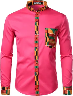 ZEROYAA Men's Hipster African Tribal Graphic Patchwork Design Slim Fit Long Sleeve Button up Mandarin Collar Shirts