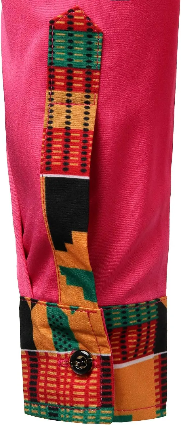 ZEROYAA Men's Hipster African Tribal Graphic Patchwork Design Slim Fit Long Sleeve Button up Mandarin Collar Shirts