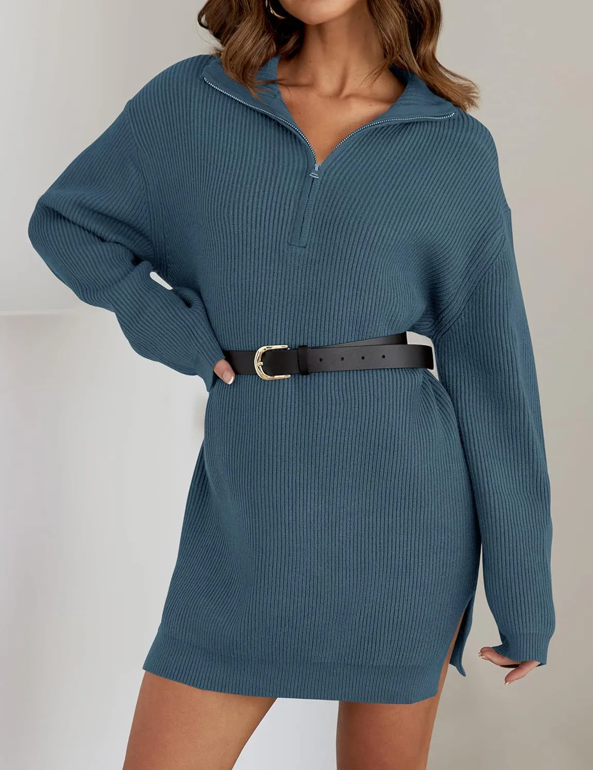 ZESICA Women's Long Sleeve Mini Sweater Dress Fall Quarter Zip Ribbed Knit Oversized Pullover Jumper Sweaters