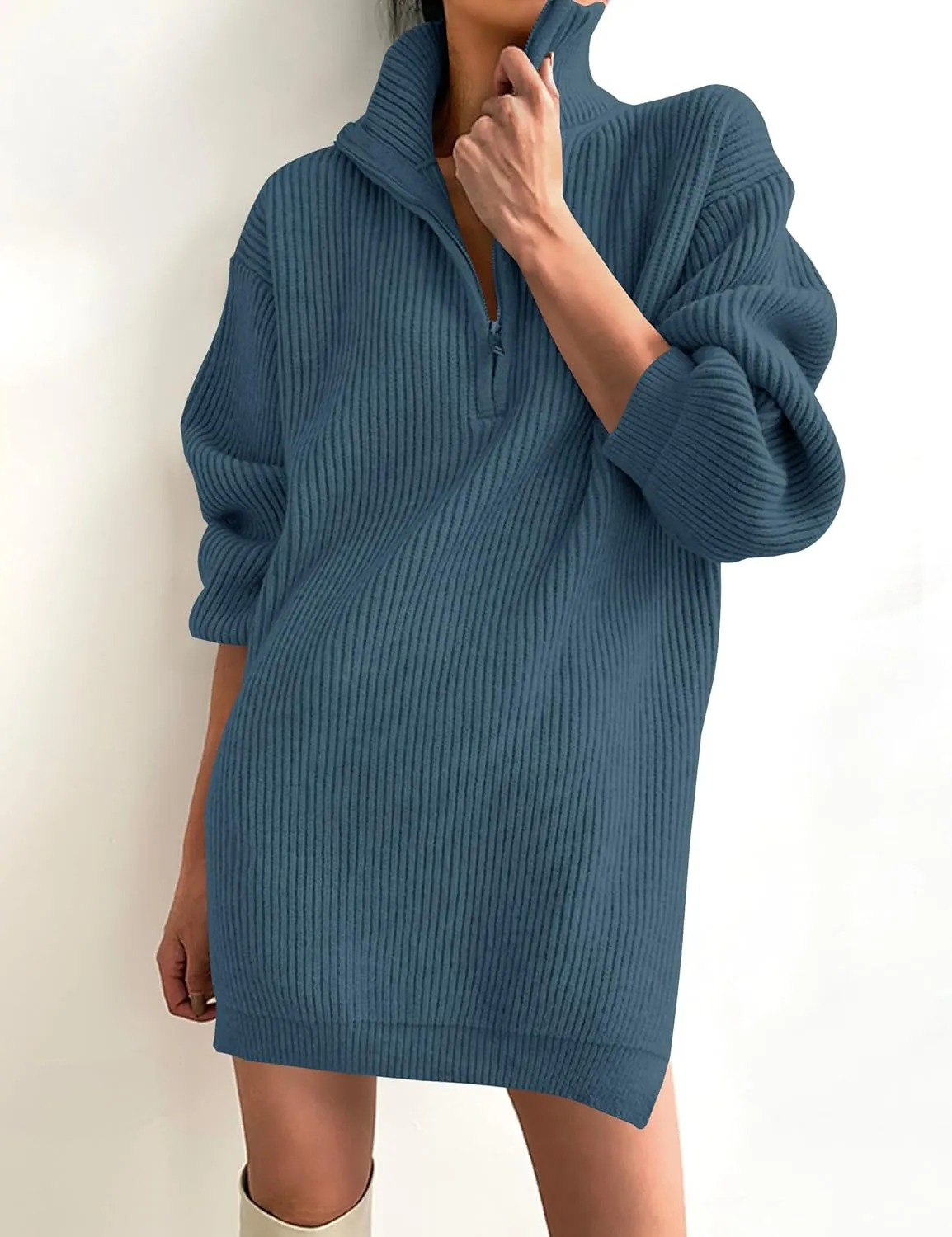 ZESICA Women's Long Sleeve Mini Sweater Dress Fall Quarter Zip Ribbed Knit Oversized Pullover Jumper Sweaters