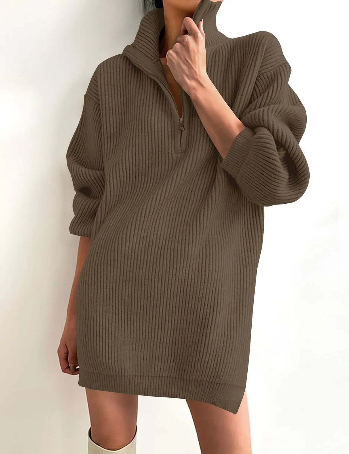 ZESICA Women's Long Sleeve Mini Sweater Dress Fall Quarter Zip Ribbed Knit Oversized Pullover Jumper Sweaters