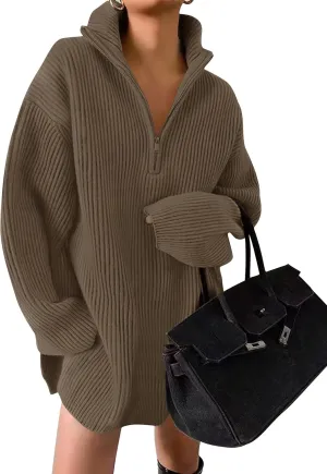 ZESICA Women's Long Sleeve Mini Sweater Dress Fall Quarter Zip Ribbed Knit Oversized Pullover Jumper Sweaters