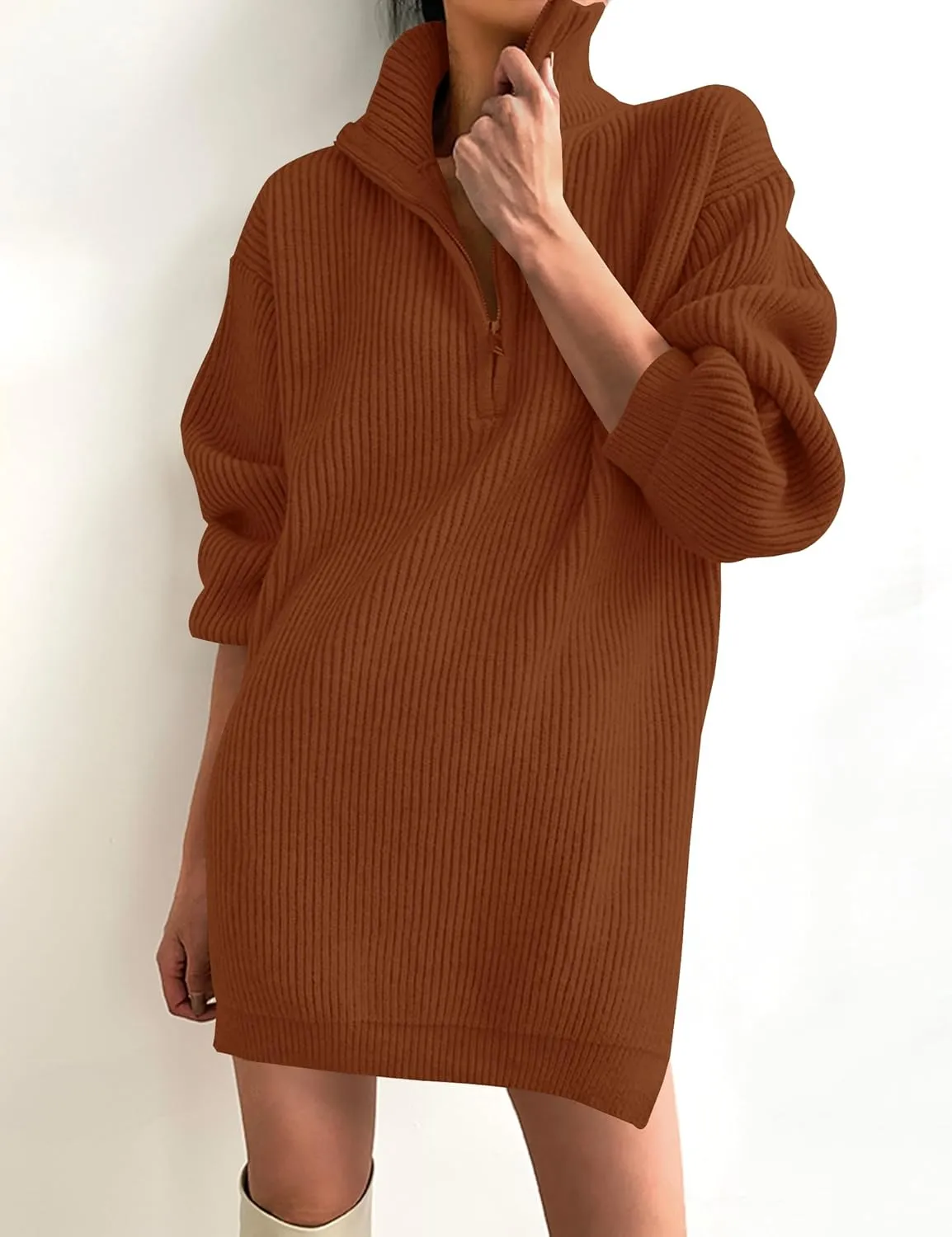 ZESICA Women's Long Sleeve Mini Sweater Dress Fall Quarter Zip Ribbed Knit Oversized Pullover Jumper Sweaters