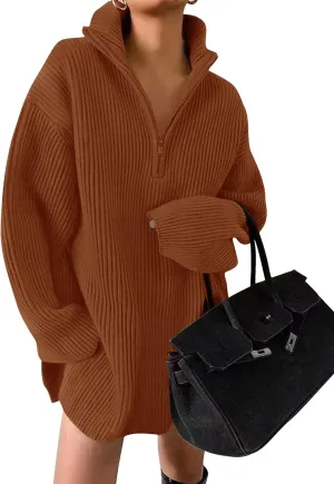 ZESICA Women's Long Sleeve Mini Sweater Dress Fall Quarter Zip Ribbed Knit Oversized Pullover Jumper Sweaters