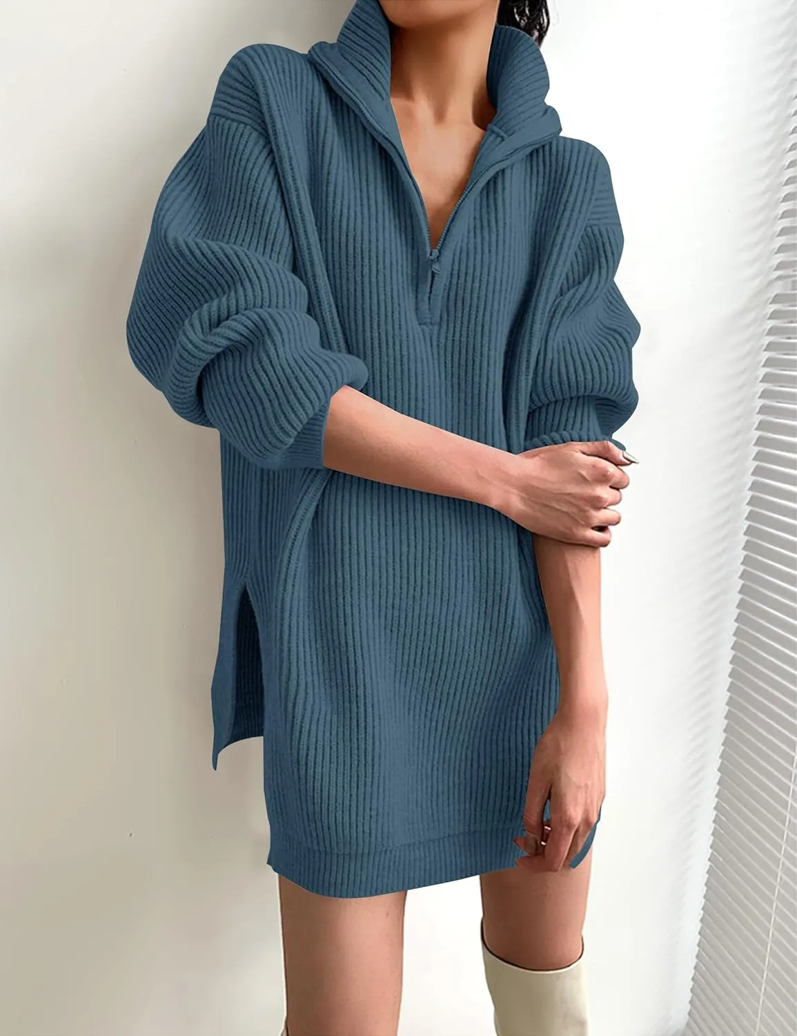 ZESICA Women's Long Sleeve Mini Sweater Dress Fall Quarter Zip Ribbed Knit Oversized Pullover Jumper Sweaters