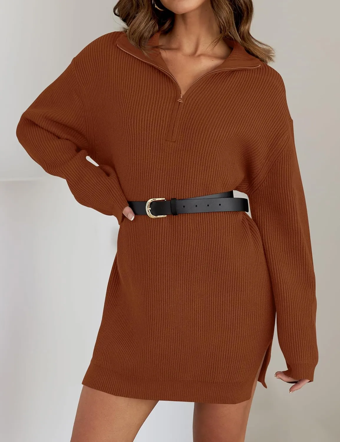 ZESICA Women's Long Sleeve Mini Sweater Dress Fall Quarter Zip Ribbed Knit Oversized Pullover Jumper Sweaters