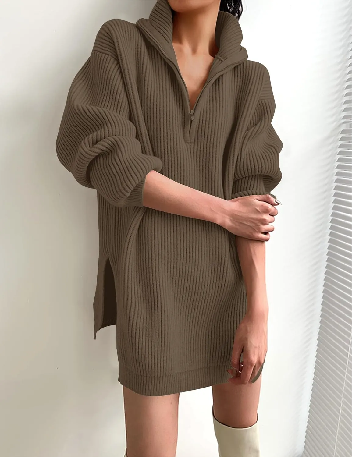 ZESICA Women's Long Sleeve Mini Sweater Dress Fall Quarter Zip Ribbed Knit Oversized Pullover Jumper Sweaters