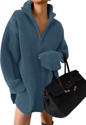 ZESICA Women's Long Sleeve Mini Sweater Dress Fall Quarter Zip Ribbed Knit Oversized Pullover Jumper Sweaters
