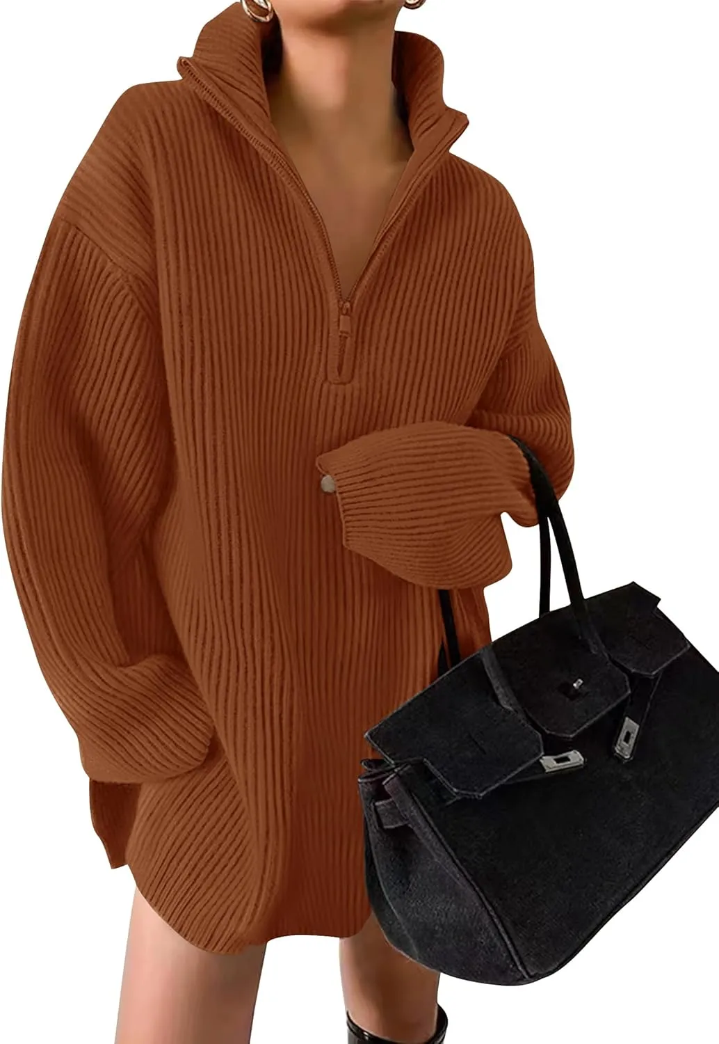 ZESICA Women's Long Sleeve Mini Sweater Dress Fall Quarter Zip Ribbed Knit Oversized Pullover Jumper Sweaters
