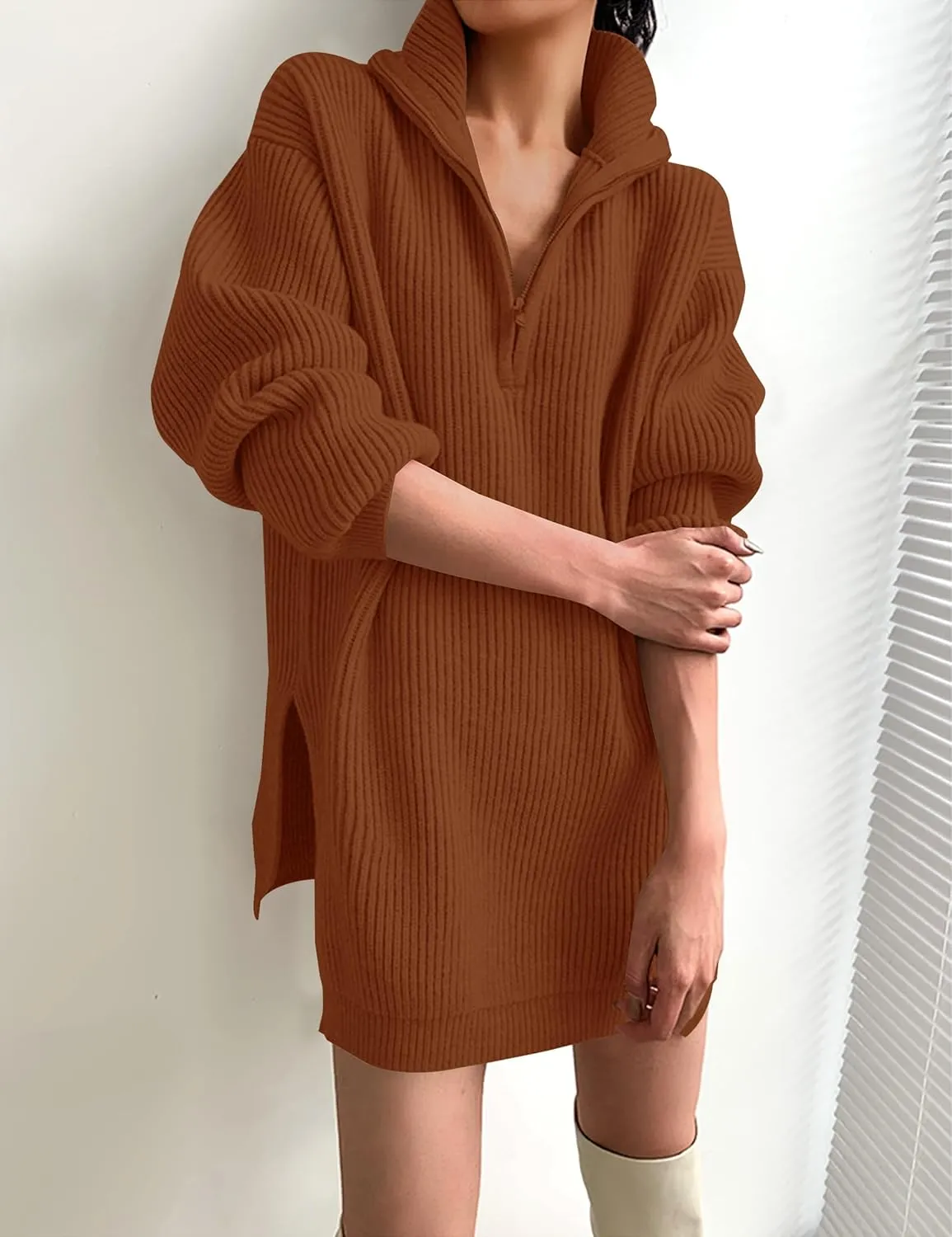 ZESICA Women's Long Sleeve Mini Sweater Dress Fall Quarter Zip Ribbed Knit Oversized Pullover Jumper Sweaters