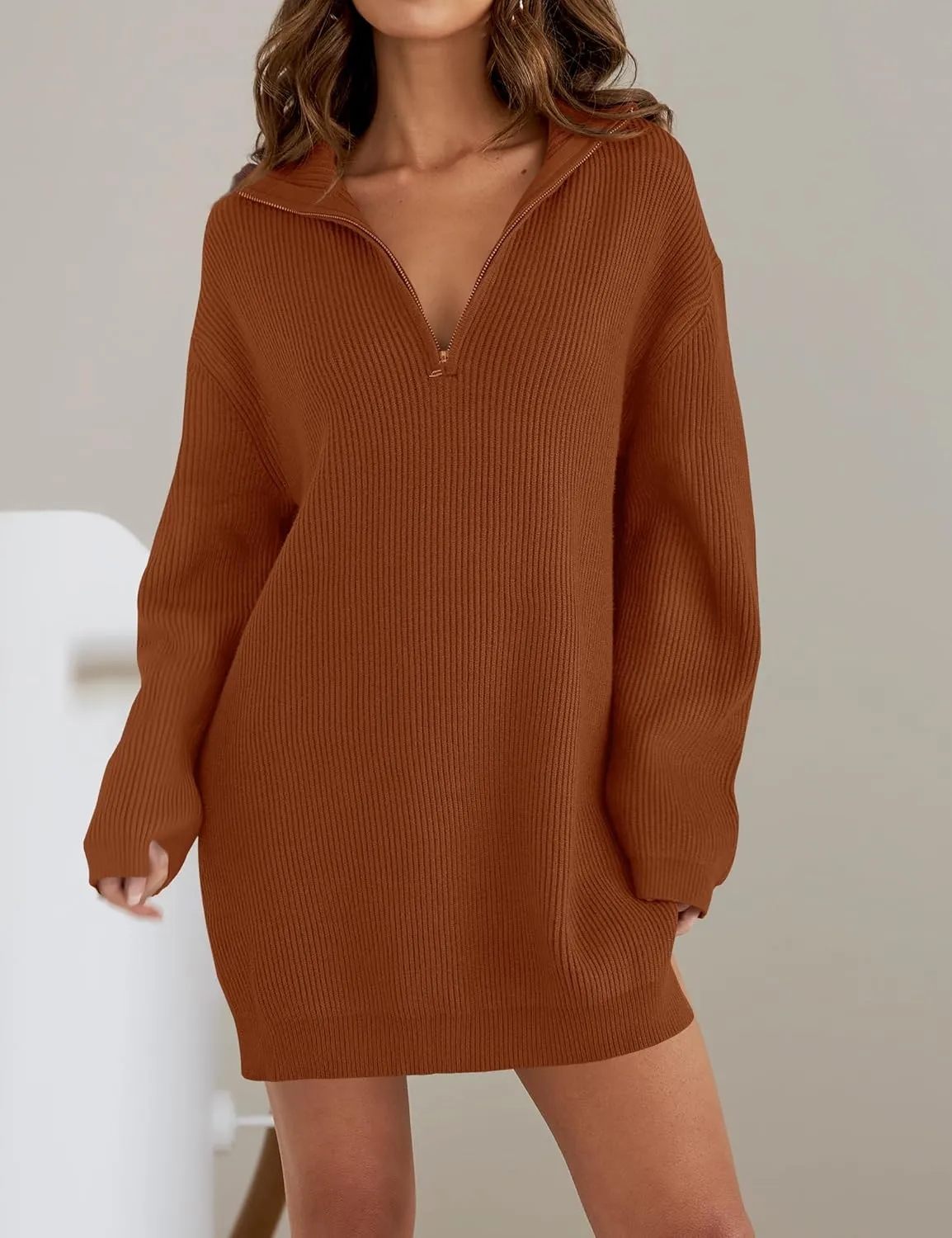 ZESICA Women's Long Sleeve Mini Sweater Dress Fall Quarter Zip Ribbed Knit Oversized Pullover Jumper Sweaters