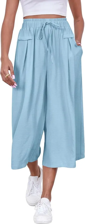 ZJCT Womens Capri Pants Summer Beach Crop Wide Leg Palazzo Capris with Pockets