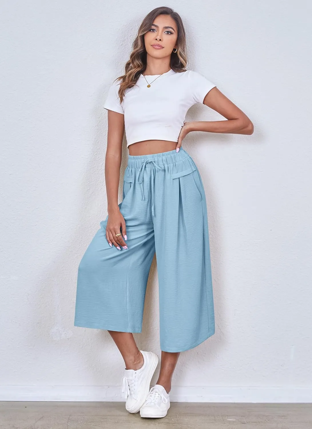 ZJCT Womens Capri Pants Summer Beach Crop Wide Leg Palazzo Capris with Pockets
