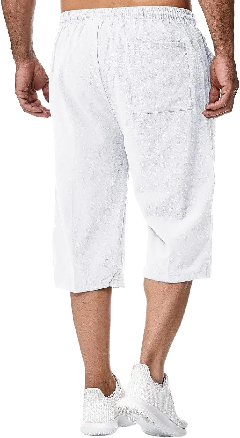 ZWRXW Men's Long Linen Shorts Casual Summer Beach Below Knee Length Pocketed 3/4 Drawstring Capri Pant