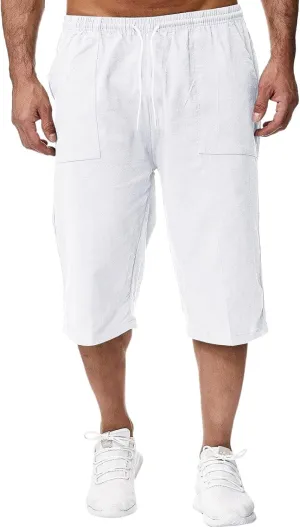 ZWRXW Men's Long Linen Shorts Casual Summer Beach Below Knee Length Pocketed 3/4 Drawstring Capri Pant