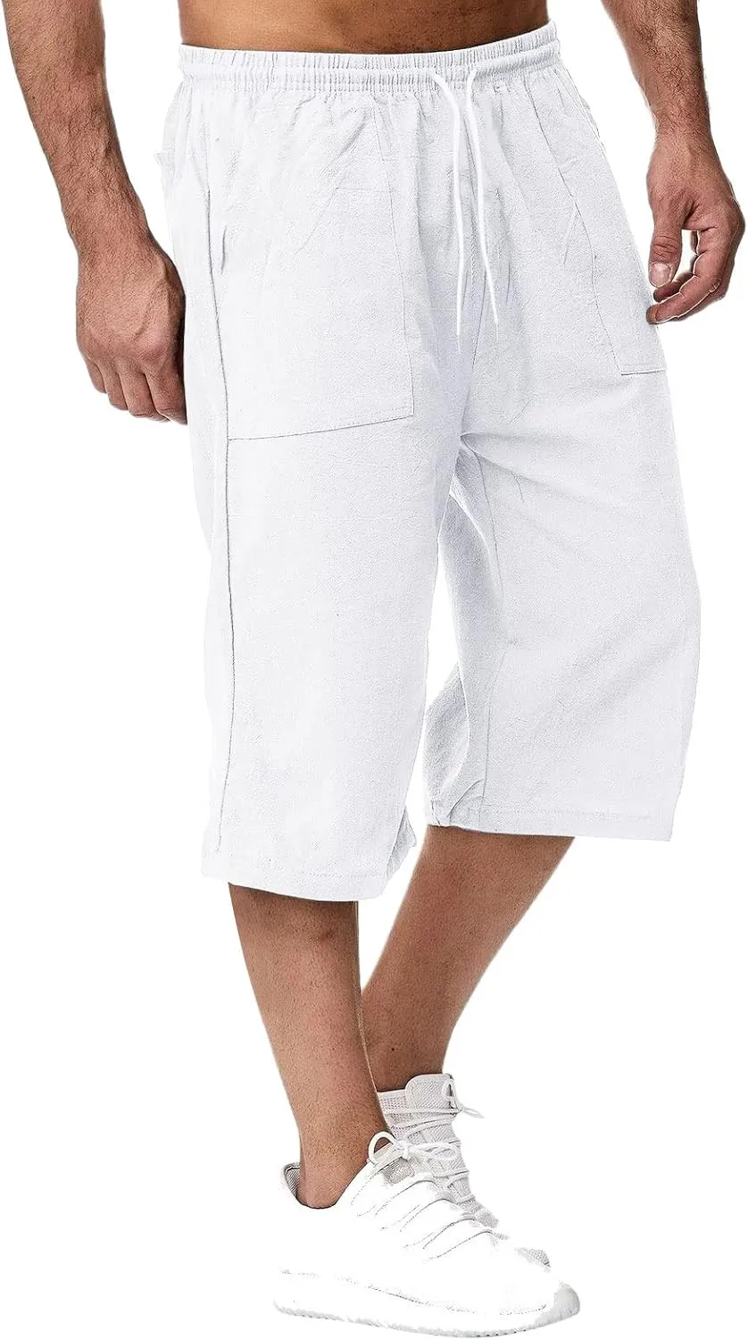 ZWRXW Men's Long Linen Shorts Casual Summer Beach Below Knee Length Pocketed 3/4 Drawstring Capri Pant